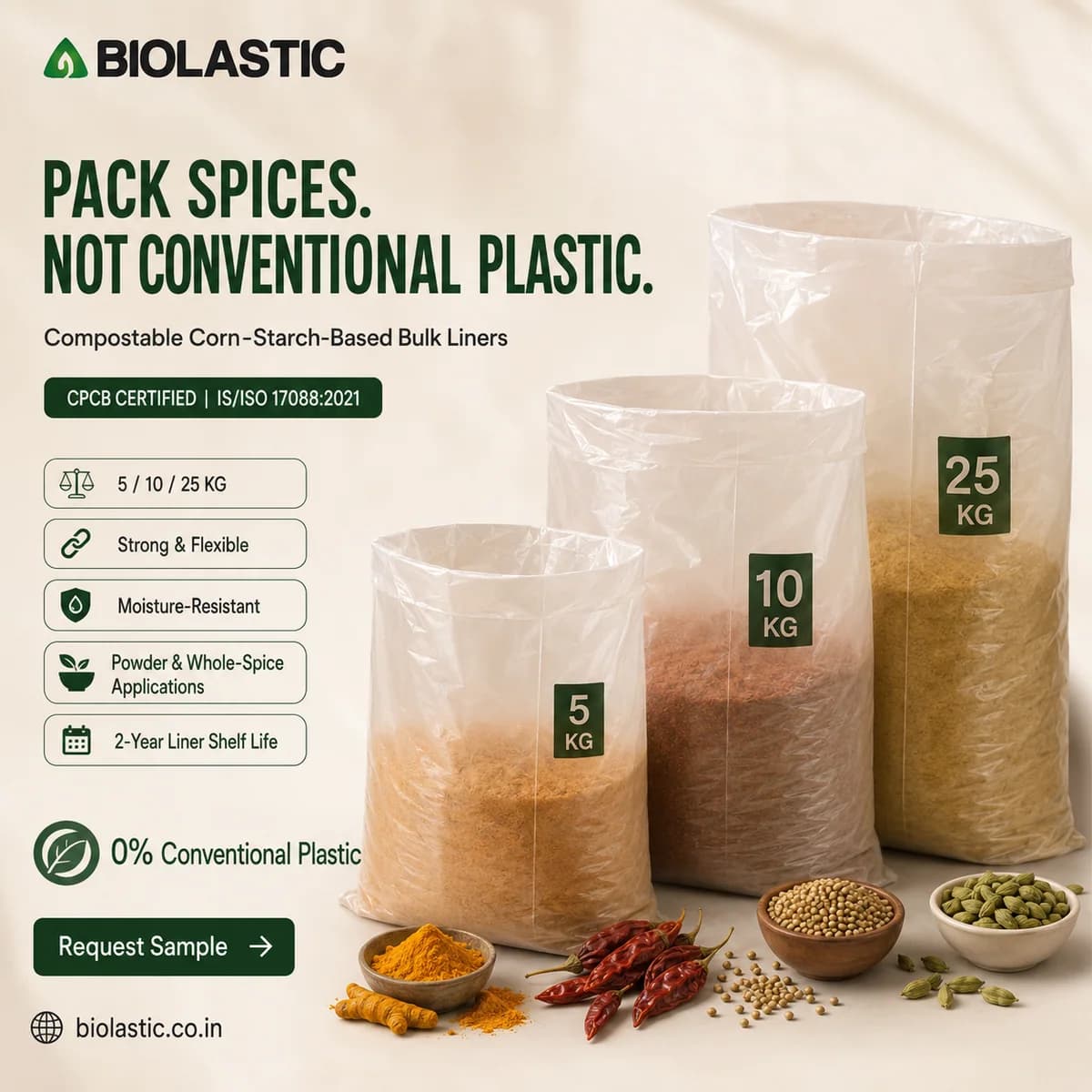 Compostable Spice & Masala Liner Bags – 5 KG, 10 KG & 25 KG