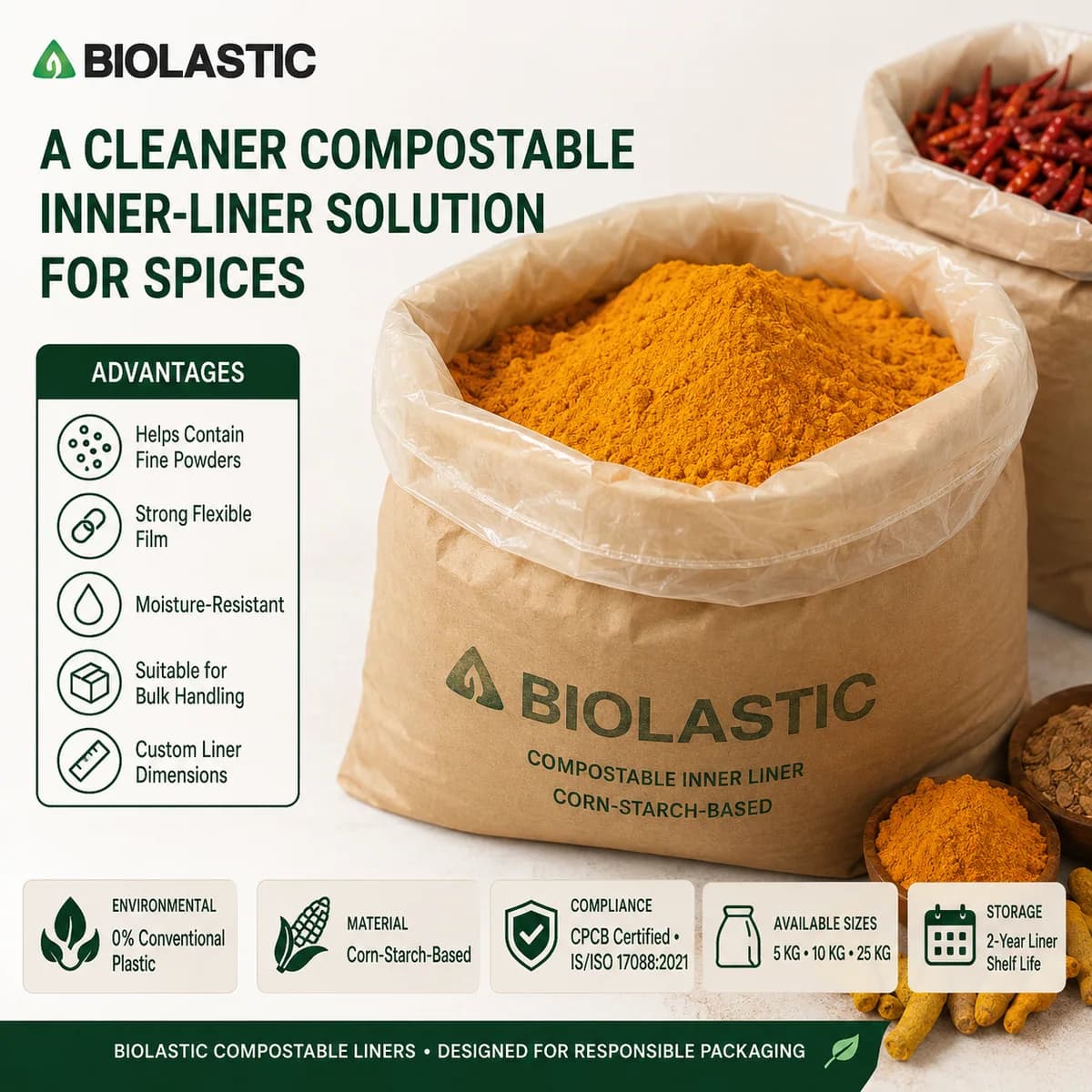 Compostable Spice & Masala Liner Bags – 5 KG, 10 KG & 25 KG