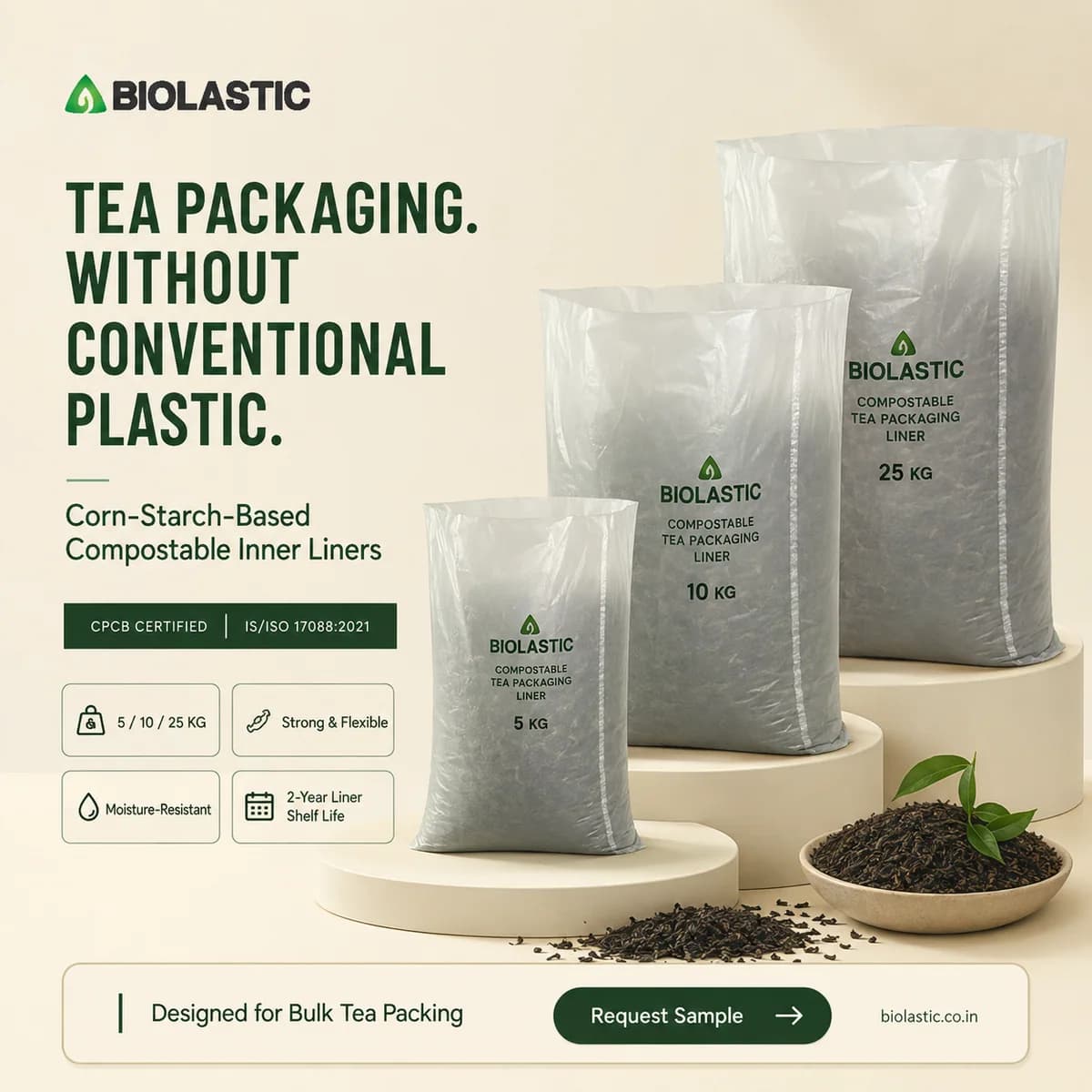 Compostable Tea Packaging Liner Bags – 5 KG, 10 KG & 25 KG