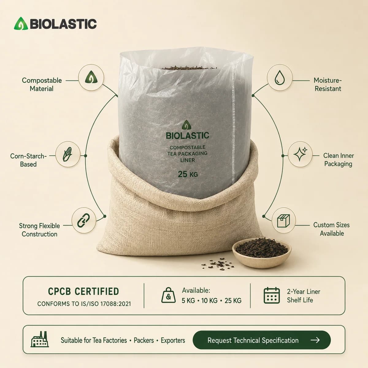 Compostable Tea Packaging Liner Bags – 5 KG, 10 KG & 25 KG