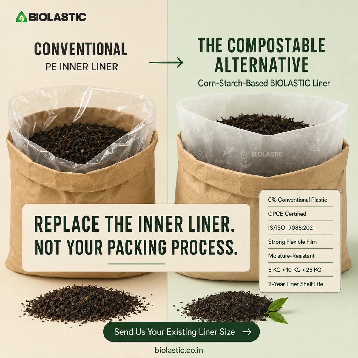 Compostable Tea Packaging Liner Bags – 5 KG, 10 KG & 25 KG