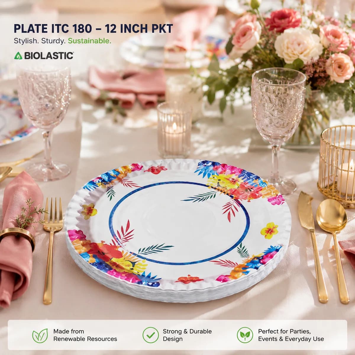 Plate ITC 180 12 Inch Printed Disposable Paper Plate Packet