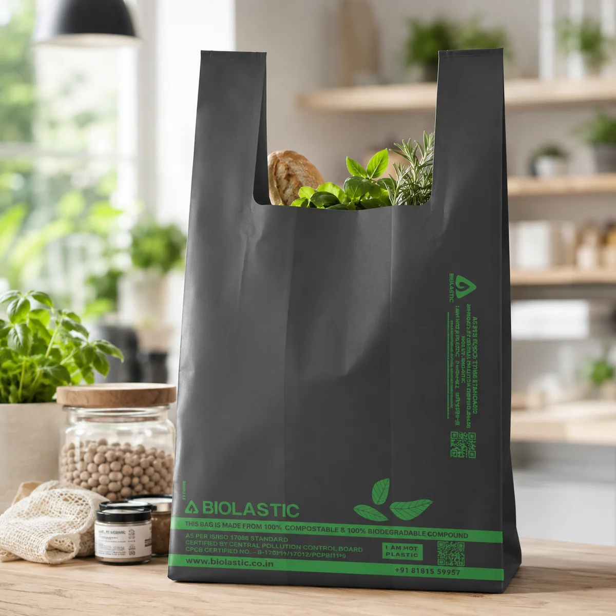 Biolastic compostable W-cut carry bags in multiple colours